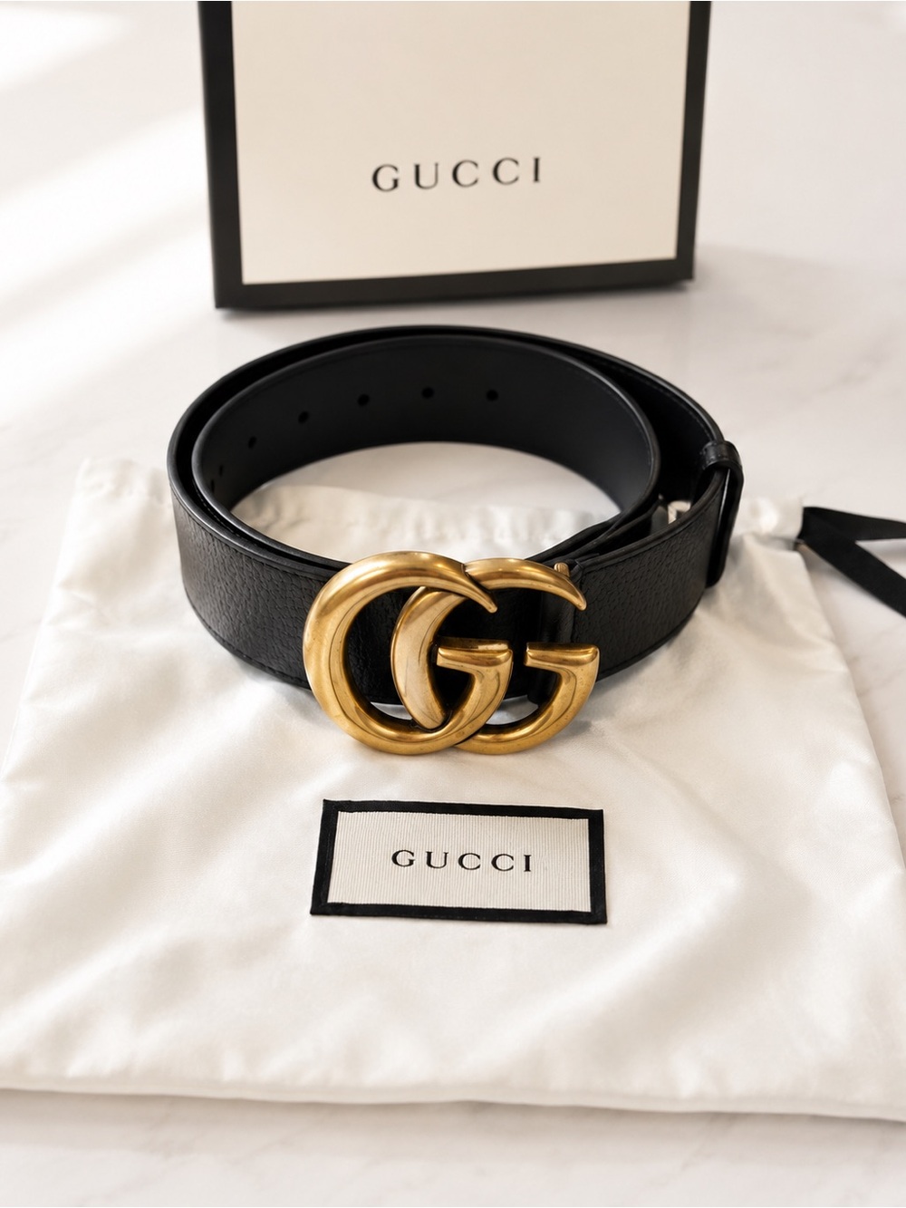 Gucci Black Leather Belt with Gold Double G Buckle